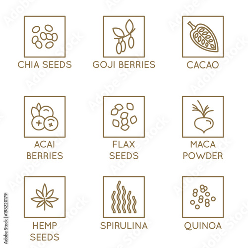 Vector set of design elements and icons for food and smotthie packaging - superfood badges