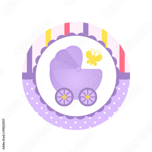 Cartoon Baby carriage icon with a butterfly.