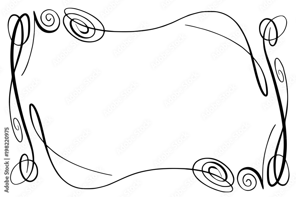 Flourish Vector Frame. Rectangle with squiggles, twirls and embellishments for image and text elements. Hand drawn black highlighting curlicue border isolated on the white background. Doodle effect