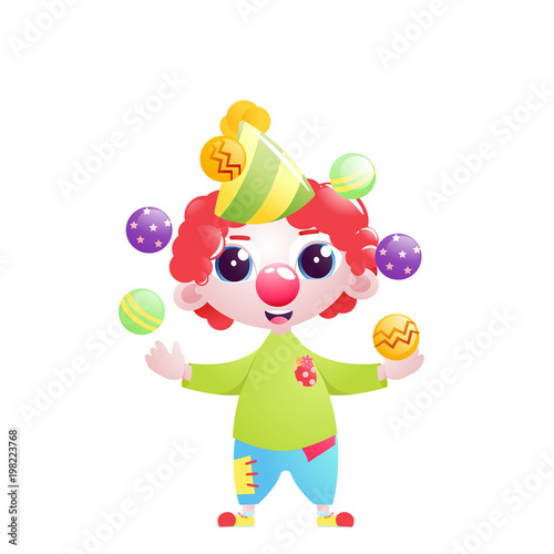 A little child clown character juggles and jokes and stands with a balloon at the bottom of the birthday 