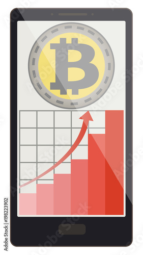 bitcoin coins with growth graph on a phone screen