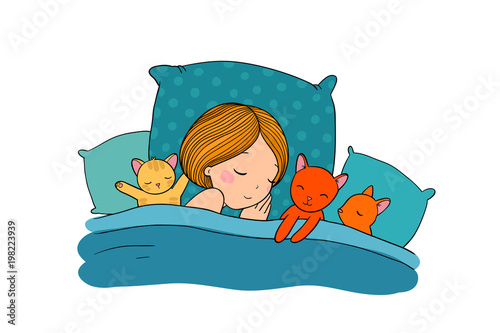 Sleeping girl and cat in bed. Good night.