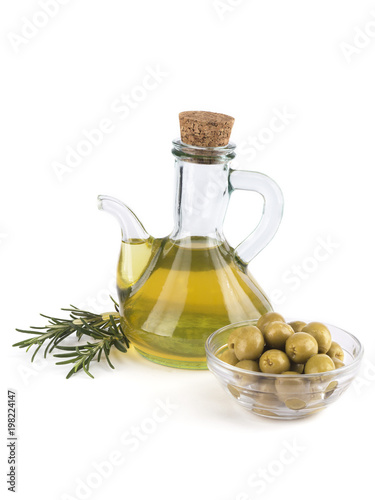 olive oil with olives on a white background. 