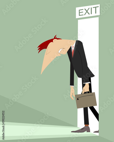 Sad man with his head and hands down goes out from the open door illustration