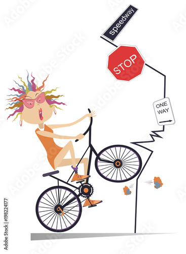 Road accident and young woman on the bicycle illustration. Woman riding on the bicycle runs into a road sign isolated on white illustration
