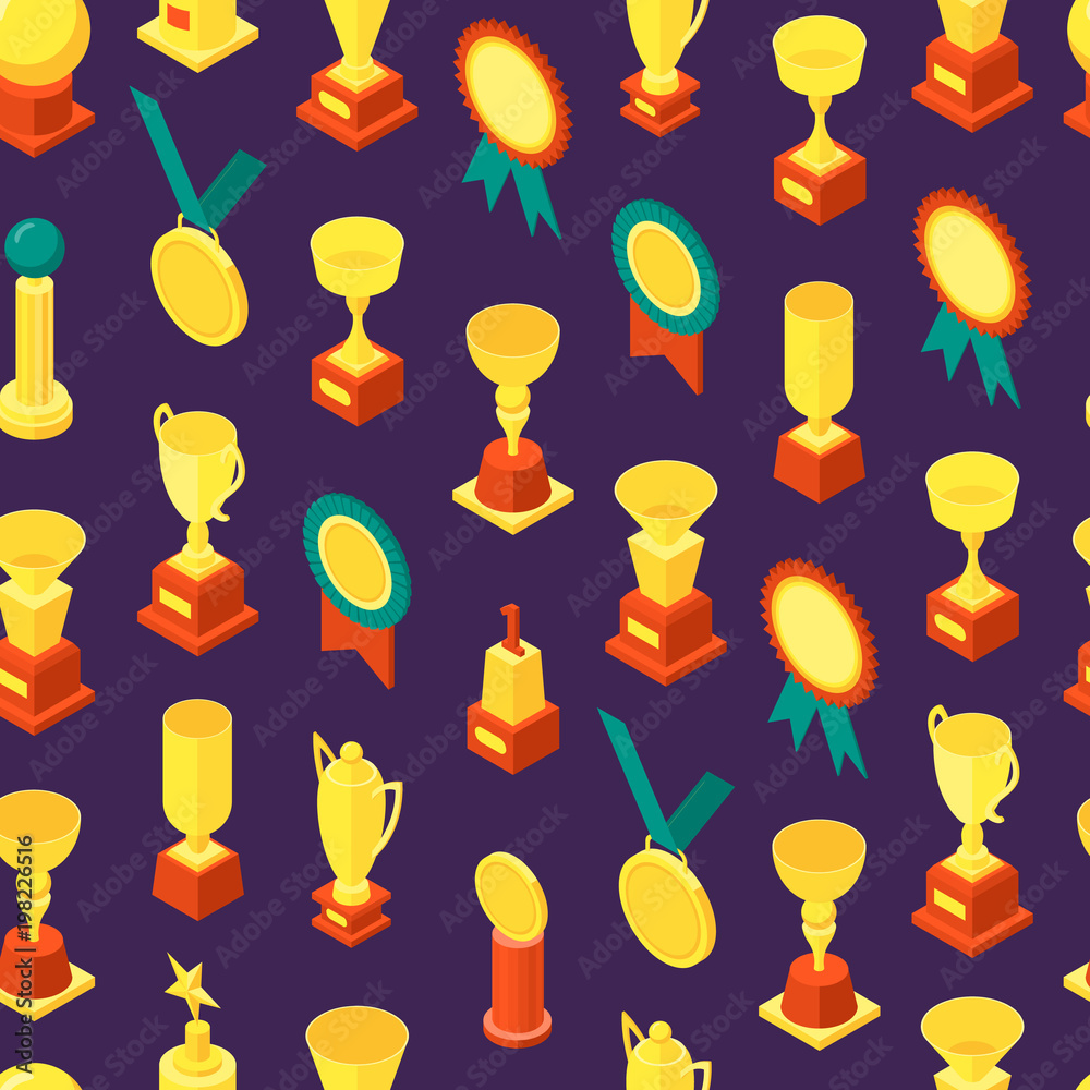 Trophy Cups Awards Seamless Pattern Background Isometric View. Vector Trophy Cups Awards Seamless Pattern Background Isometric View. Vector