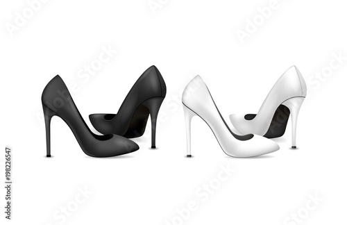 Realistic Detailed 3d Woman High Heel Black and White Shoes. Vector