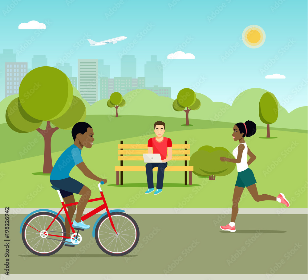 Man riding a bicycle Young man sitting on the bench and working with laptop and Running girl in the park. Vector flat style illustration.