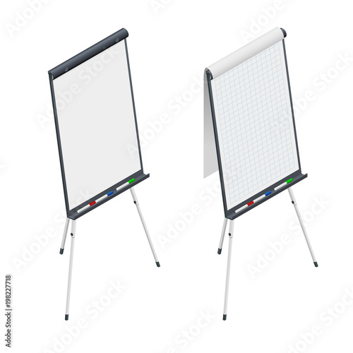 Isometric Blank Flip Chart. Whiteboard and empty paper, presentation and seminar