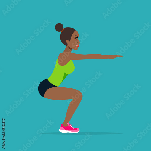 Young afro american sportswoman in sportwear doing squats. Vector flat style isolated illustration.