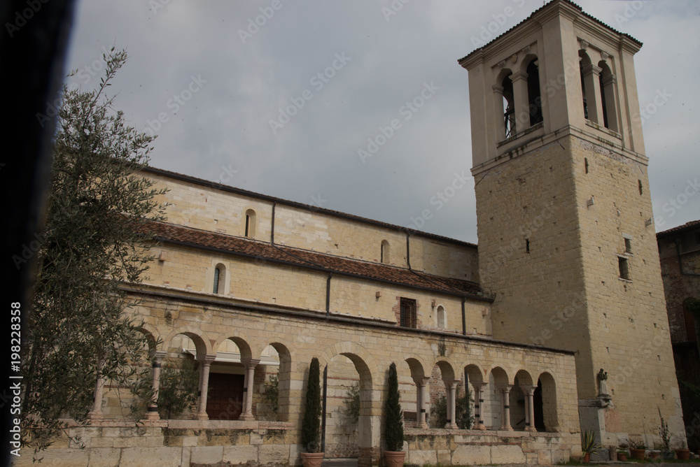 Cloister with bell tower church of San Giovanni in Valle, Verona, Veneto, Italy