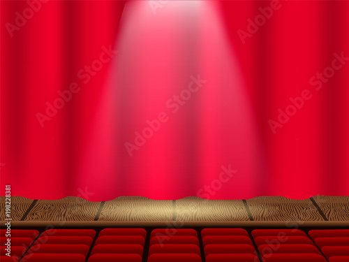 Vector illustrationl. Empty theater stage and closed curtains. Auditorium with empty seats
