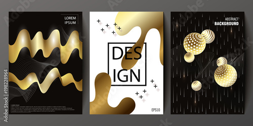 Set of cover design with abstract golden flow shapes and balls. Universal vector background for poster, banners, flyers, card template with modern futuristic halftone gradient.