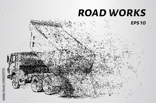 Dump truck unloads the sand. Dump truck of particles. Road works consists of circles and dots.