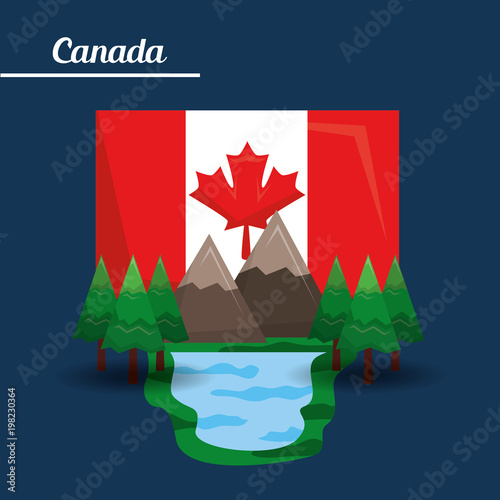 canada mountain lake pine and flag vector illustration