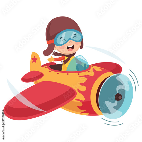Vector Illustration Of Kid Operating Plane