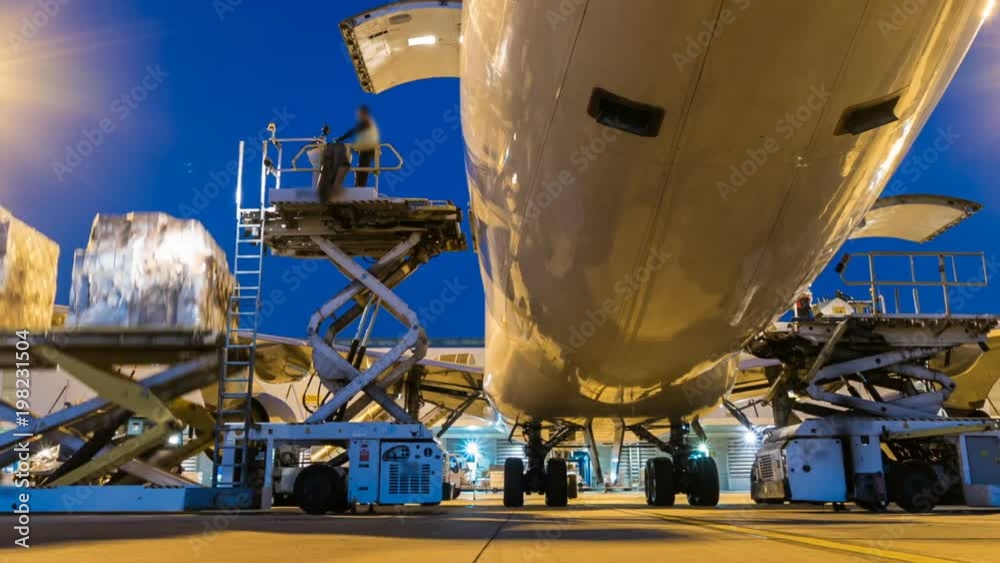 Business of air cargo freighter with import and export at twilight sky - Time lapse panning