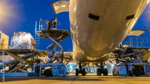 Business of air cargo freighter with import and export at twilight sky - Time lapse panning