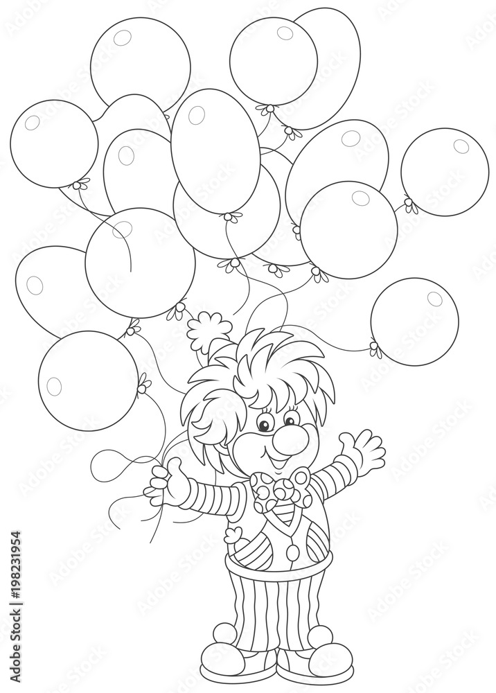 Fototapeta premium Friendly smiling circus clown with holiday balloons, a black and white vector illustration in a cartoon style for a coloring book