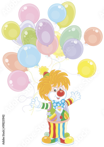 Friendly smiling circus clown with colorful holiday balloons, a vector illustration in a cartoon style