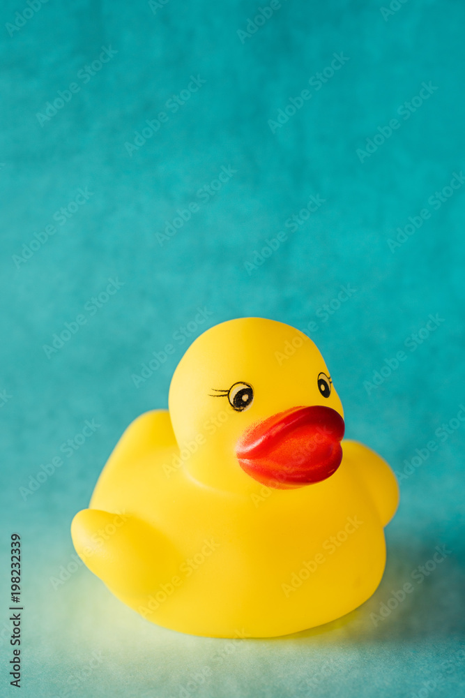 Yellow rubber duck toy on blue background Yellow rubber duck toy on blue background