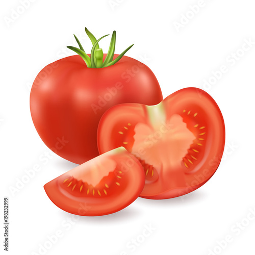 Vector 3d realistic juicy tomato closeup isolated on white background. Whole, slice and quarter of a tomato. Design template, clipart for graphics