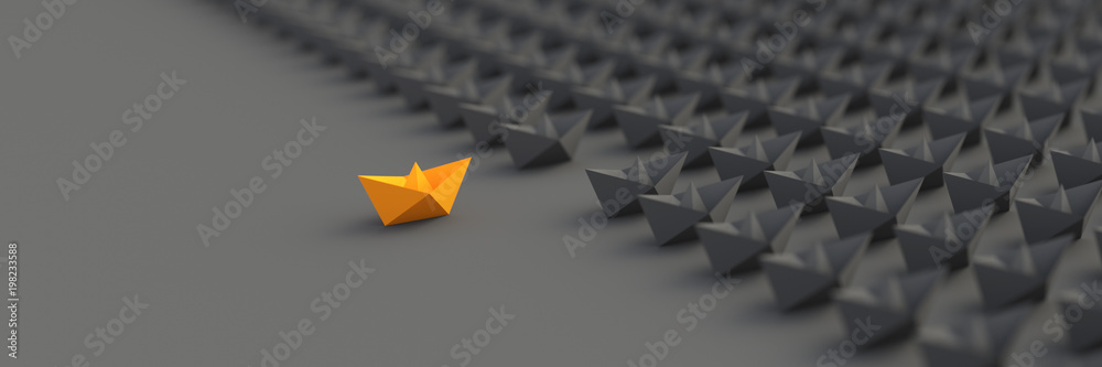 Leadership, success, and teamwork concept, orange leader boat leading black boats. 3D Rendering. - obrazy, fototapety, plakaty 