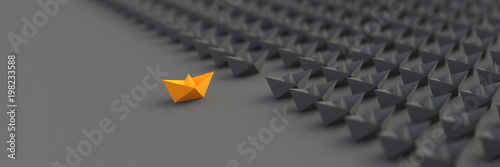 Leadership, success, and teamwork concept, orange leader boat leading black boats. 3D Rendering. photo