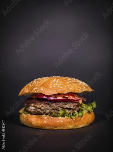 Yummy burger studio shot on a black background