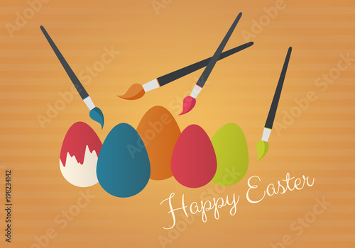 Happy Easter card. Painting brush with colourful eggs..