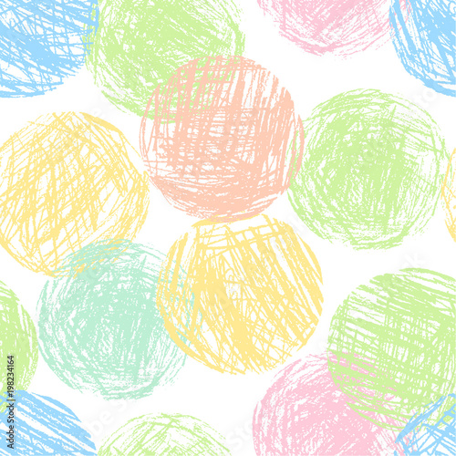 Pastel soft color colorful geometric circle forms seamless pattern. Hand drawing round artistic grunge stroke figure. Vector crayon, chalk or pencil sphere texture abstract background.