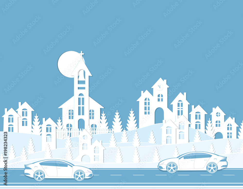 Graphic illustration of a cityscape. Houses, cars, road. Cut from paper.