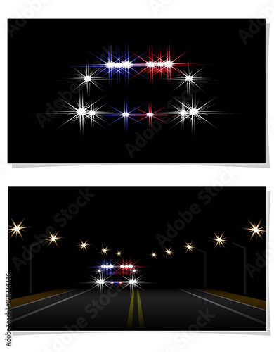 Abstract light effects. Police car at night close-up and on the highway with lights in front. Road, lampposts. illustration