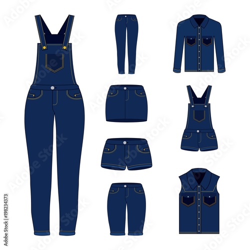 denim women clothes set blue jean shorts overalls skirt jacket and vest vector illustration