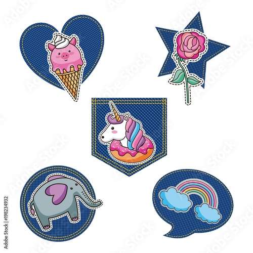 denim patches pocket star heart with unicorn flower rainbow elephant vector illustration