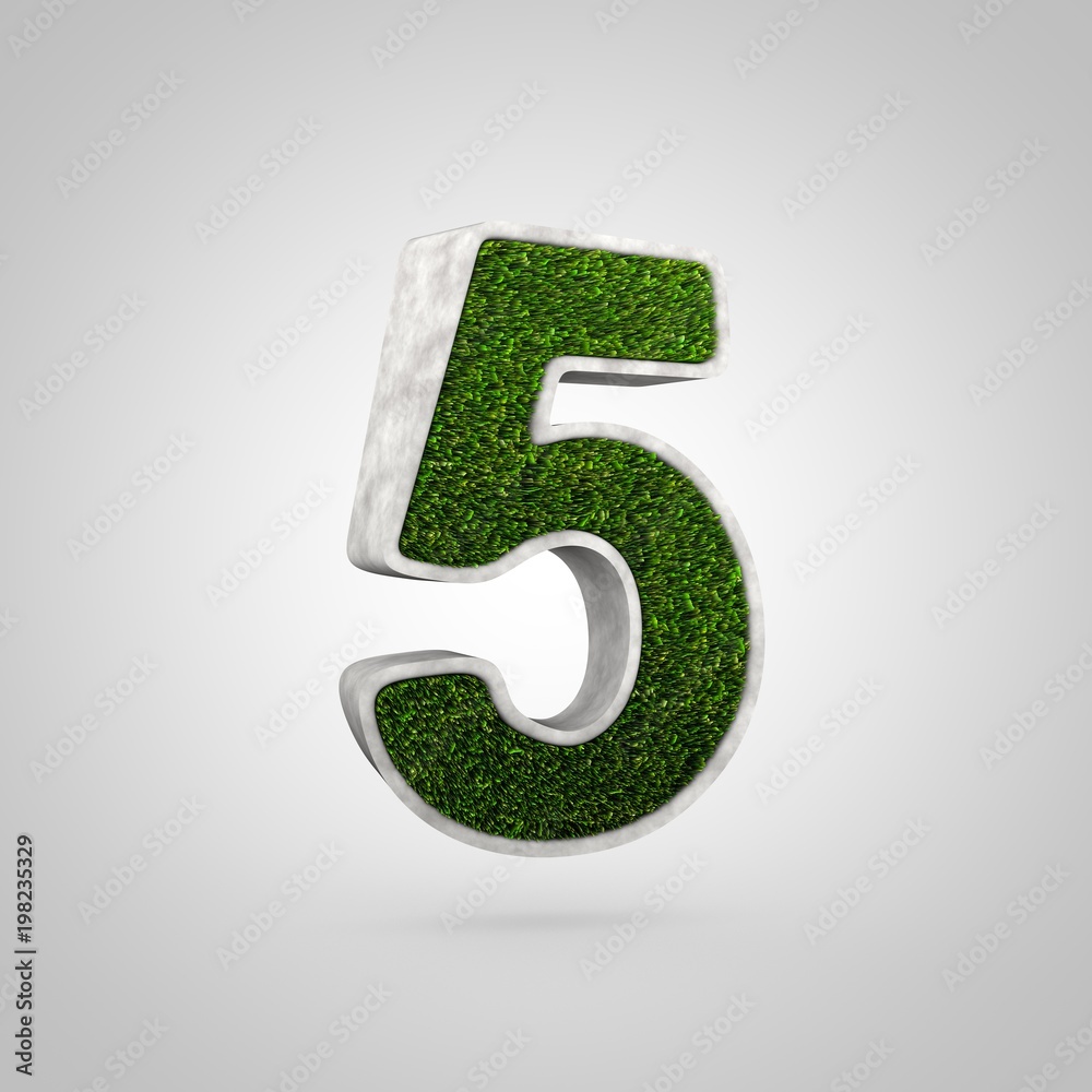 Fototapeta premium Number 5. Flowerbed with grass isolated on white background.