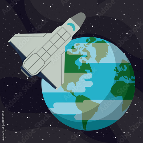 Spaceship flying around earth vector illustration graphic design