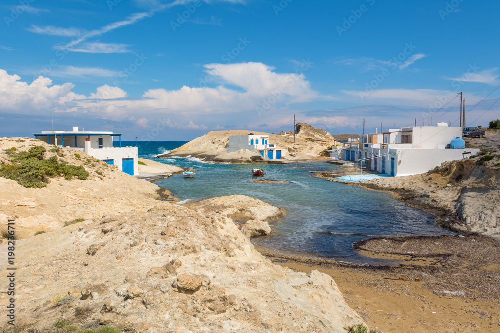 Bay of Agios Konstantinos on the coast of Milos island. Cyclades, Greece.