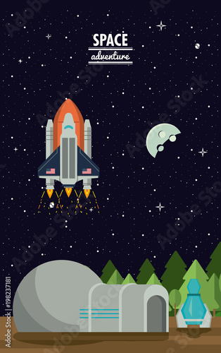 Earth space station and spaceship adventure vector illustration graphic design