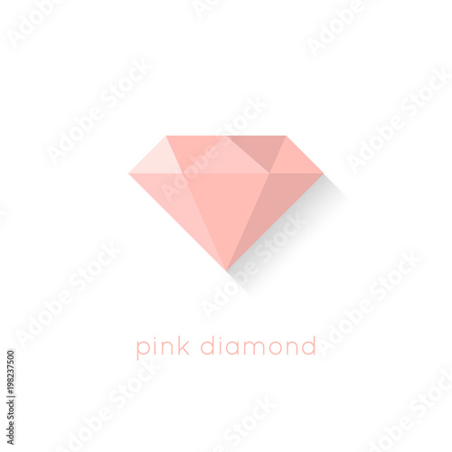 Pink diamond flat design illustration with shadow and text isolated on white background. Premium crystal gemstone in pastel colors.