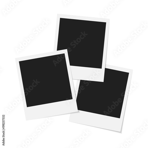 Three blank polaroid pictures with shadow isolated on white background. Empty picture frames. photo