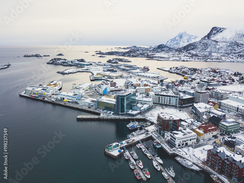 Canvas Print Beautiful super wide-angle winter snowy view of Svolvaer, Norway, Lofoten Island