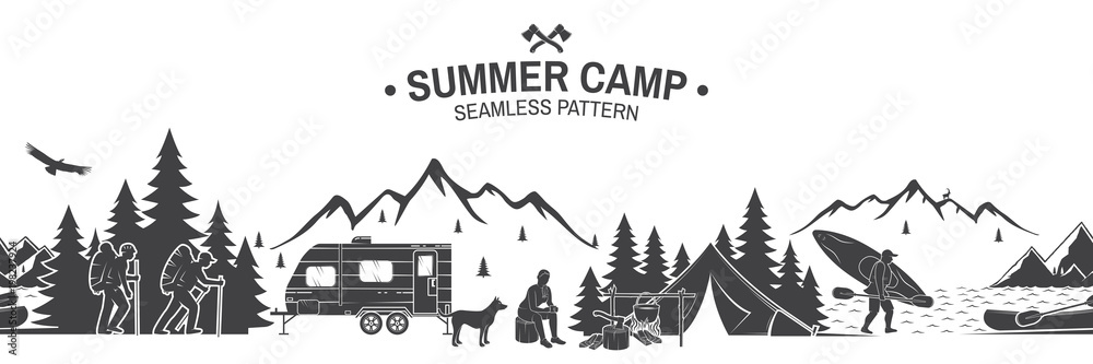 Summer camp seamless pattern. Vector illustration. - obrazy, fototapety, plakaty 
