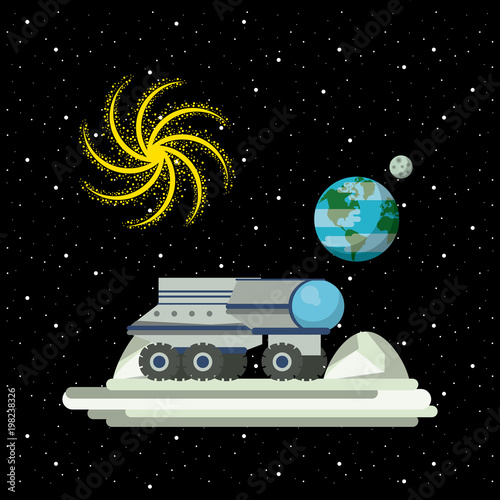 Planet exploration vehicle flying in the space vector illustration graphic design