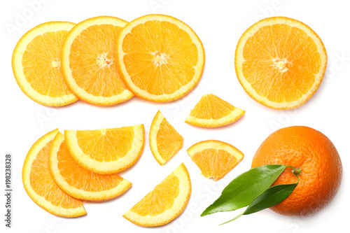 healthy food. sliced orange with green leaf isolated on white background top view