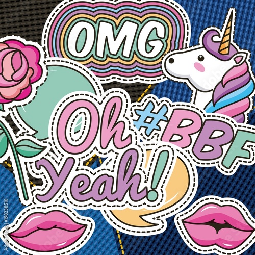 patches fashion omg bbf yeah lips bubbles decoration vector illustration