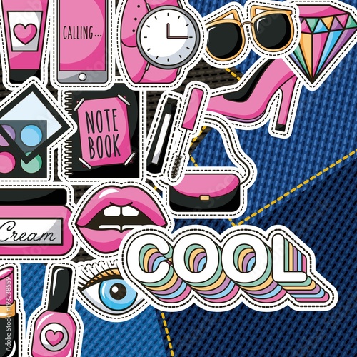 patches fashion cool accessories female on denim background vector illustration