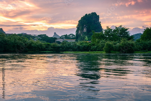 Sunset scene in Guilin, China, with stunning rock formation