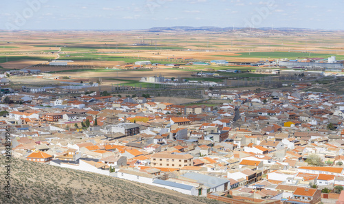 aerial view of Consuegra, Traditional windmills of Castilla La Mancha. Toledo, Spain.windmills that were used to grind the cereal