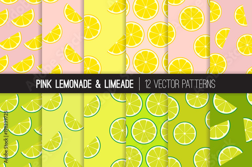Pink Lemonade and Yellow Green Limeade Seamless Vector Patterns with Lemon and Lime Slices Randomly and Orderly Arranged on Pink and Yellow Green Background. Repeating Pattern Tile Swatches Included